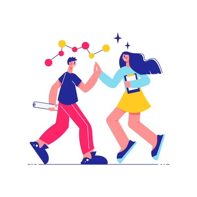 Brainstorm team work composition with male and female characters shaking hands with molecular structure vector illustration