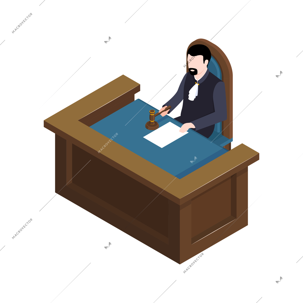 Isometric lawyer court justice law composition with character of judge with hammer at tribune vector illustration