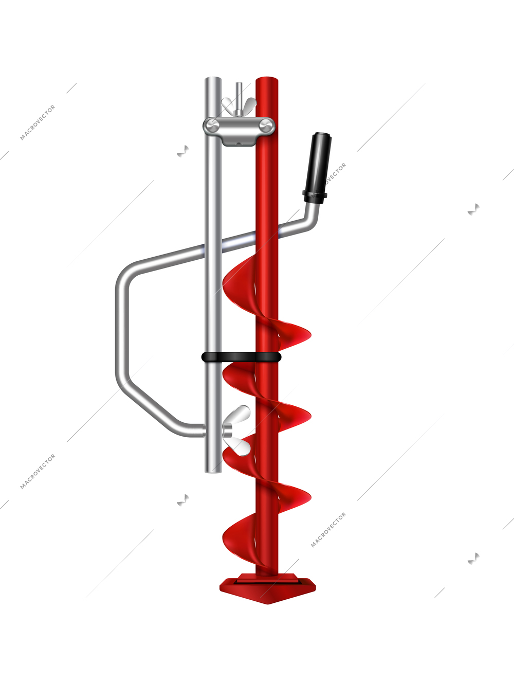 Winter fishing equipment realistic composition with isolated image of red ice drill mechanism vector illustration