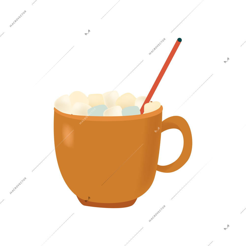 Cozy home composition with isolated image of coffee cup with stick and marshmallow vector illustration