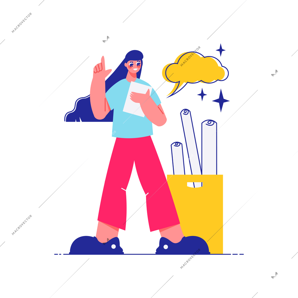 Brainstorm team work composition of female character with thought cloud and bunch of drafts vector illustration