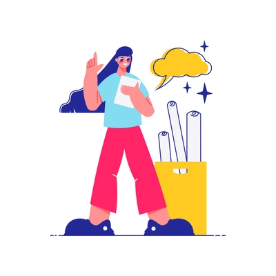 Brainstorm team work composition of female character with thought cloud and bunch of drafts vector illustration