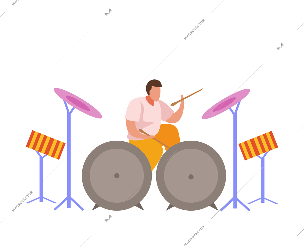 Hobby flat people composition with male character playing drums on blank background vector illustration