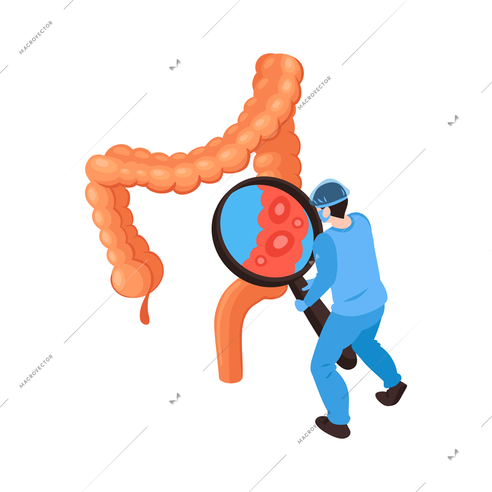 Isometric gastroenterology composition with doctor holding hand glass diagnosting bowel problems vector illustration