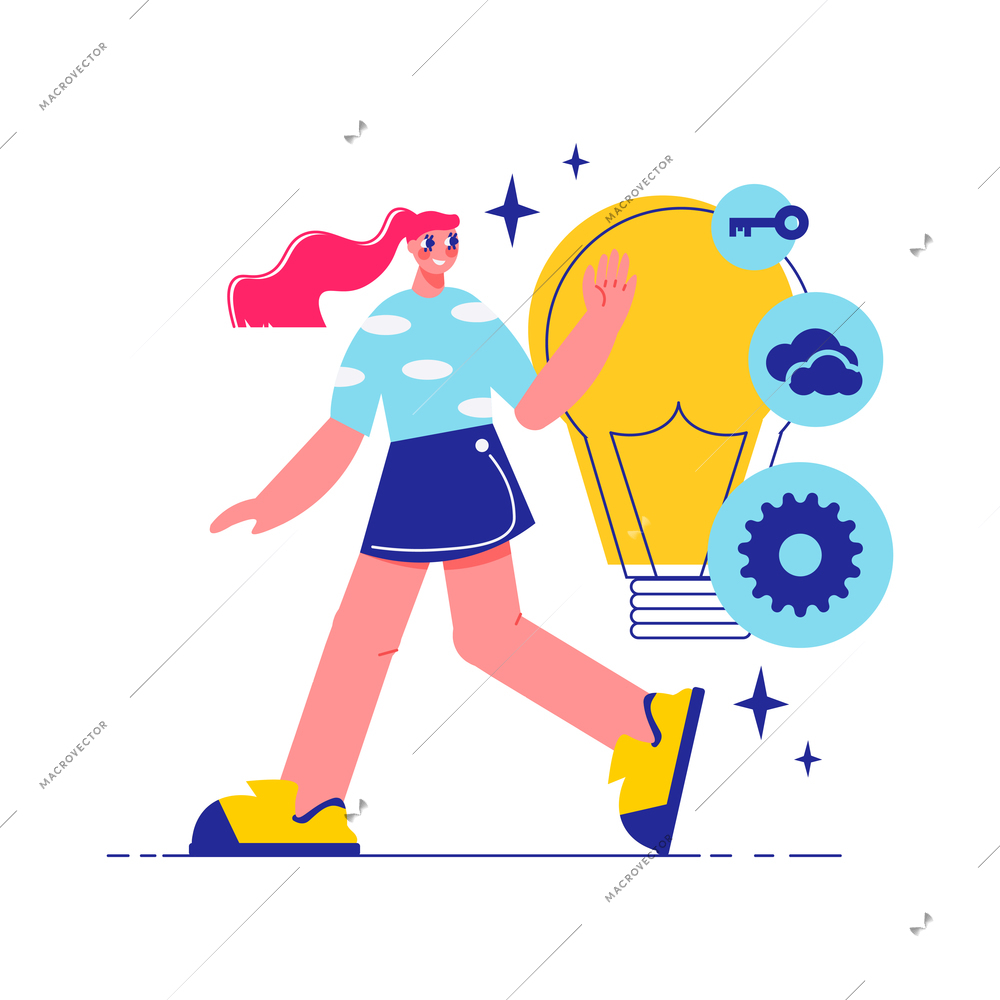 Brainstorm team work composition with character of walking woman with lamp bulb with gear key and cloud icons vector illustration