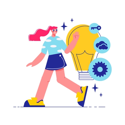 Brainstorm team work composition with character of walking woman with lamp bulb with gear key and cloud icons vector illustration