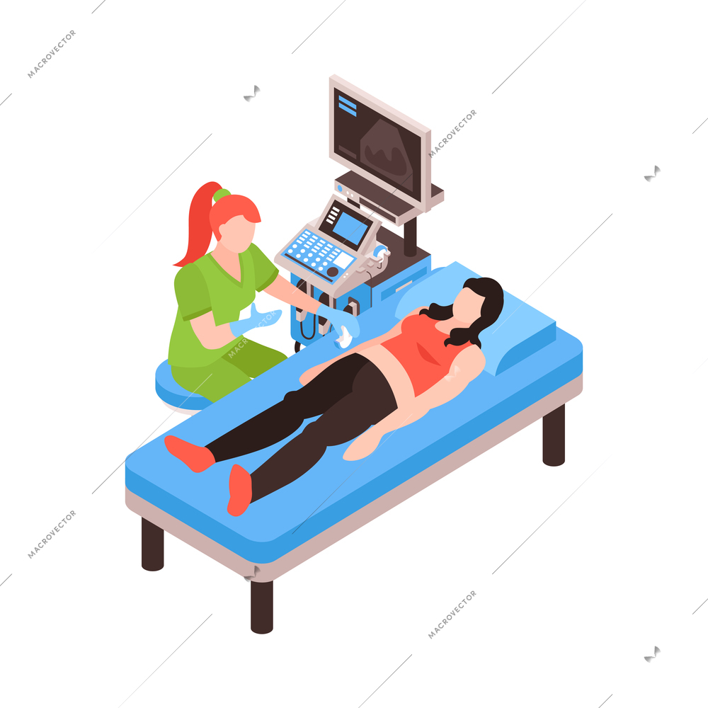 Isometric gastroenterology composition with doctor screening patient with ultrasound vector illustration