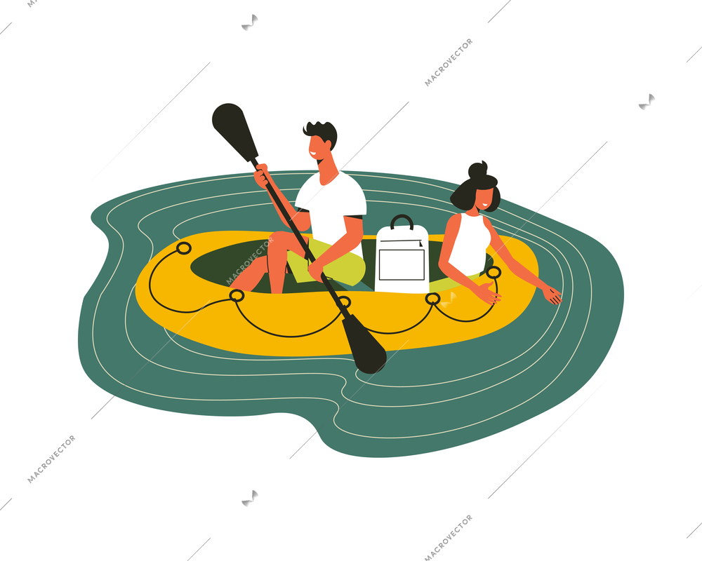 Hiking composition with doodle characters of man and woman sitting in inflatable boat vector illustration