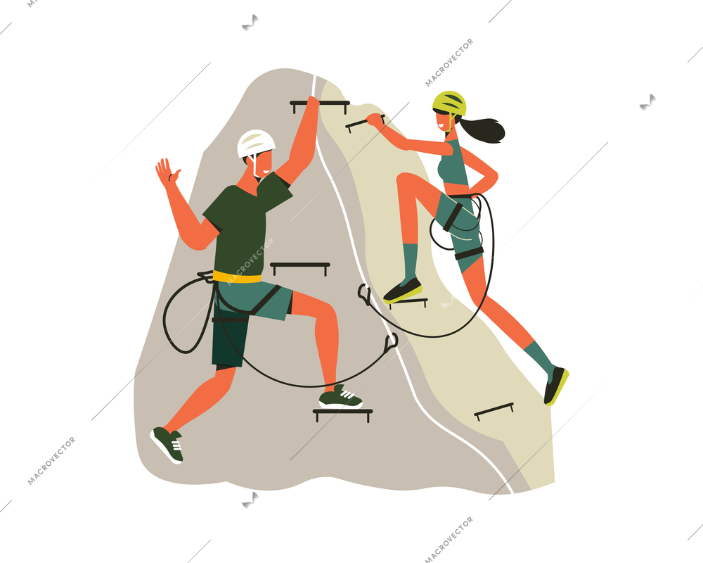 Hiking composition of people with mountaineering equipment climbing up the cliff vector illustration