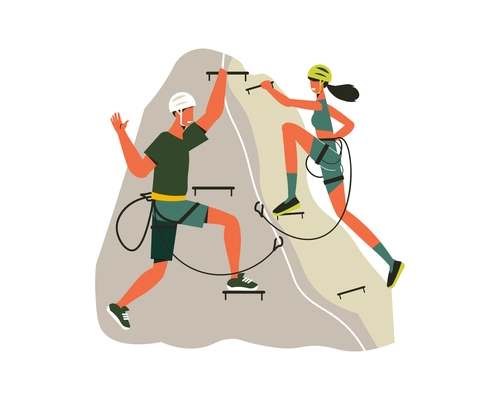 Hiking composition of people with mountaineering equipment climbing up the cliff vector illustration