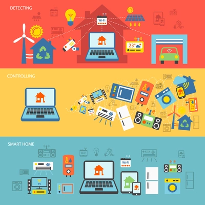 Smart home detectors controlling connecting systems horizontal banner set isolated vector illustration