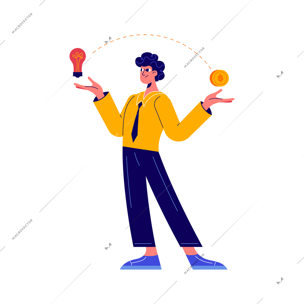 Crowdfunding composition with doodle character juggling with lamp bulb and golden coin vector illustration