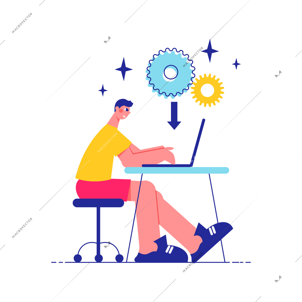 Brainstorm team work composition with side view of man working at table with laptop and gear icons with arrow vector illustration