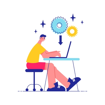 Brainstorm team work composition with side view of man working at table with laptop and gear icons with arrow vector illustration