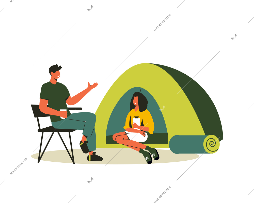 Hiking composition with woman sitting in tent and man on foldable chair vector illustration