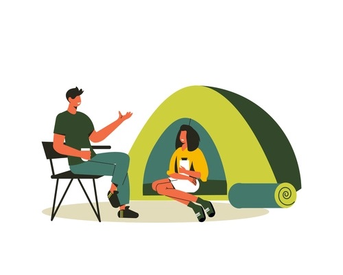 Hiking composition with woman sitting in tent and man on foldable chair vector illustration