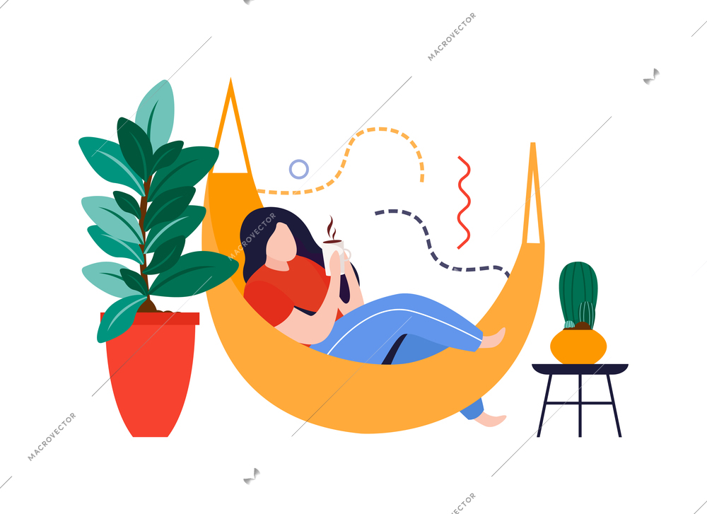 Home garden flat composition with woman lying in hammock with home plants vector illustration