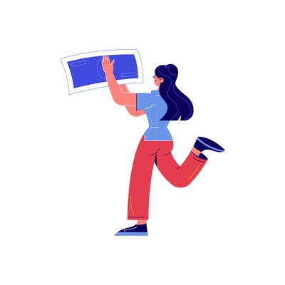 Crowdfunding composition with doodle female character running with banknote vector illustration