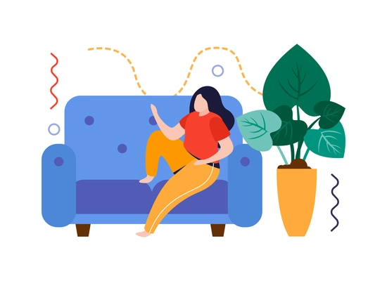 Home garden flat composition with relaxing woman on sofa with home plant vector illustration