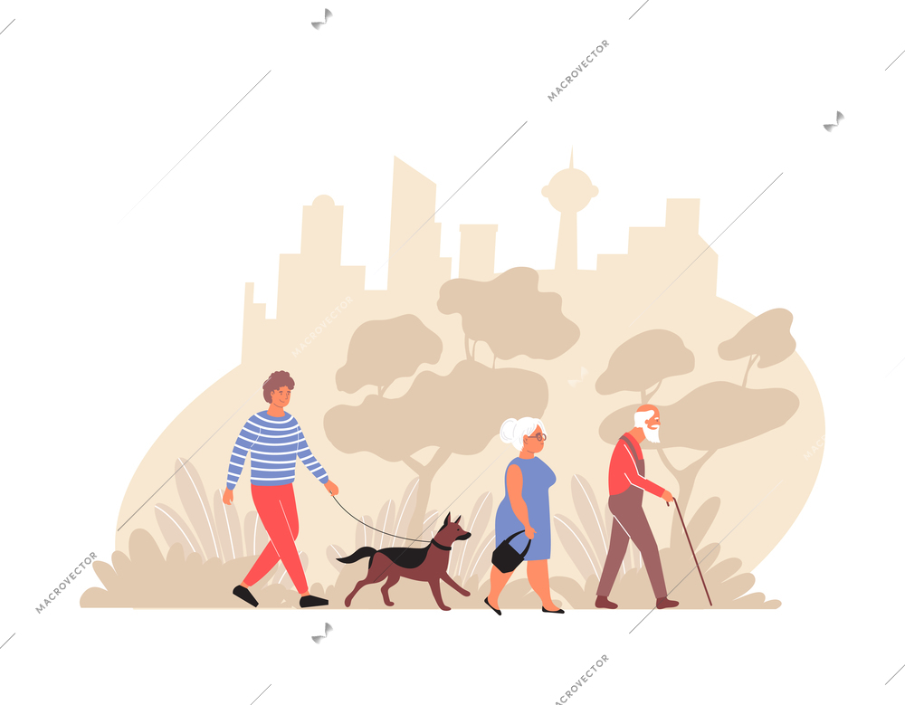 City flat composition with cityscape and city park background with elderly couple and man walking dog vector illustration