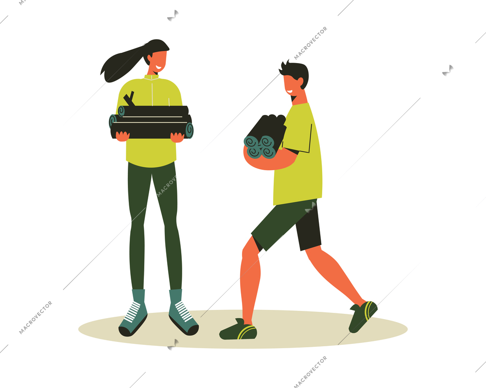 Hiking composition with male and female doodle characters carrying bunch of firewood vector illustration