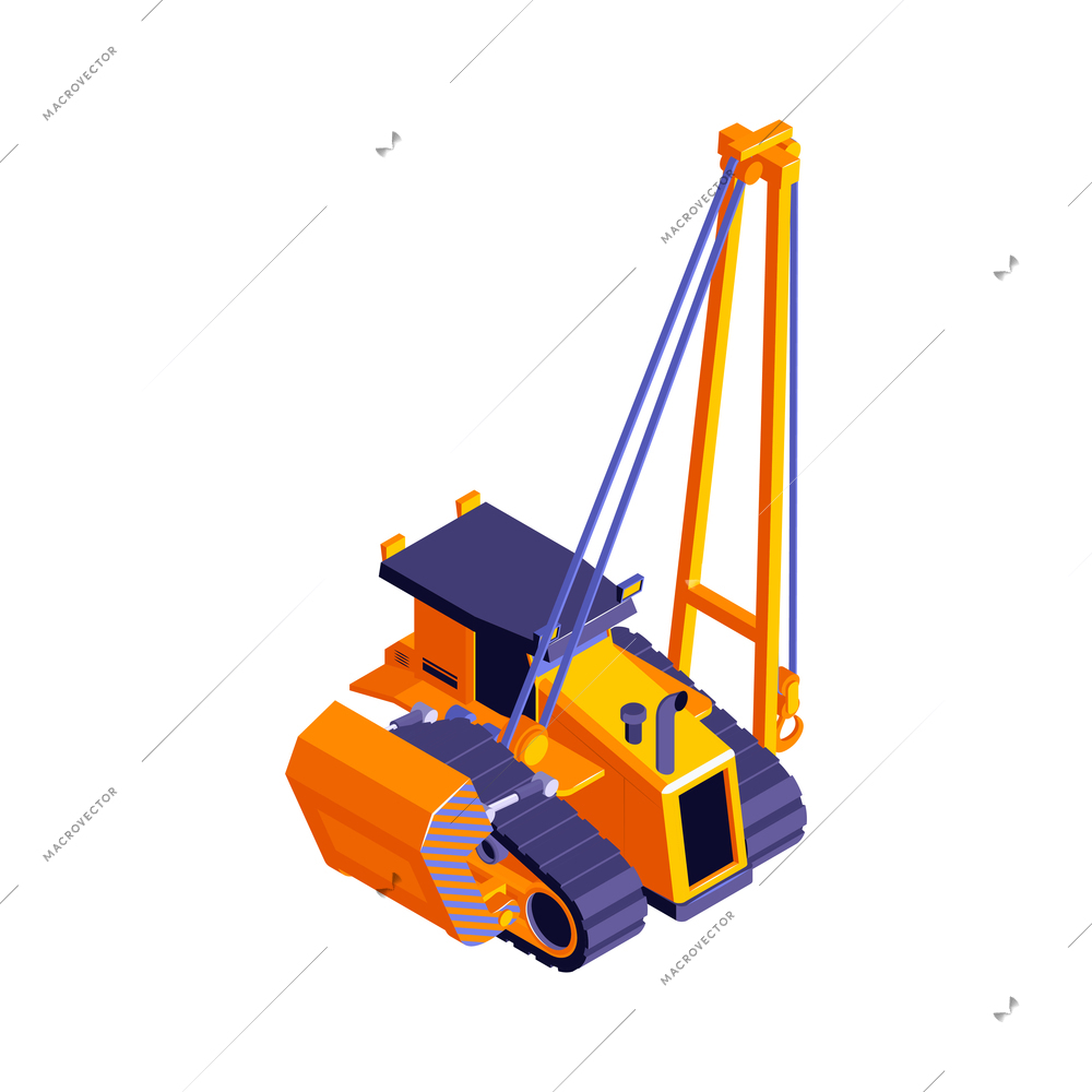 Isometric road construction roller composition with isolated image of hydraulic crane vector illustration