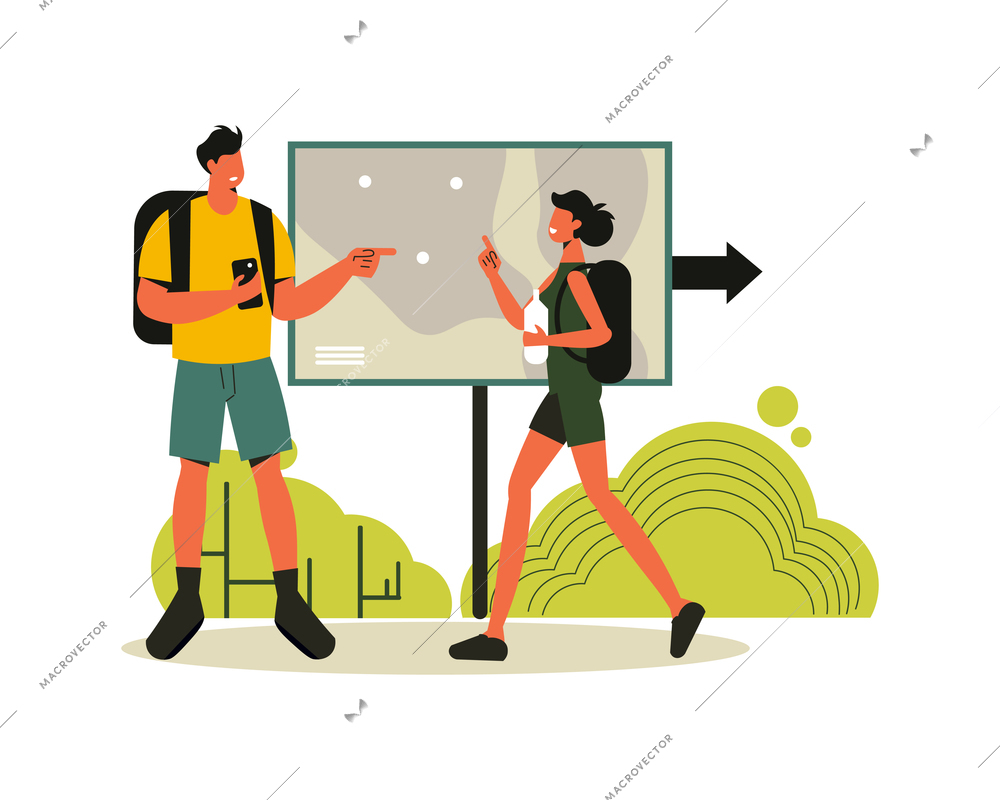 Hiking composition with doodle characters of man and woman in front of public park map vector illustration