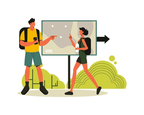 Hiking composition with doodle characters of man and woman in front of public park map vector illustration