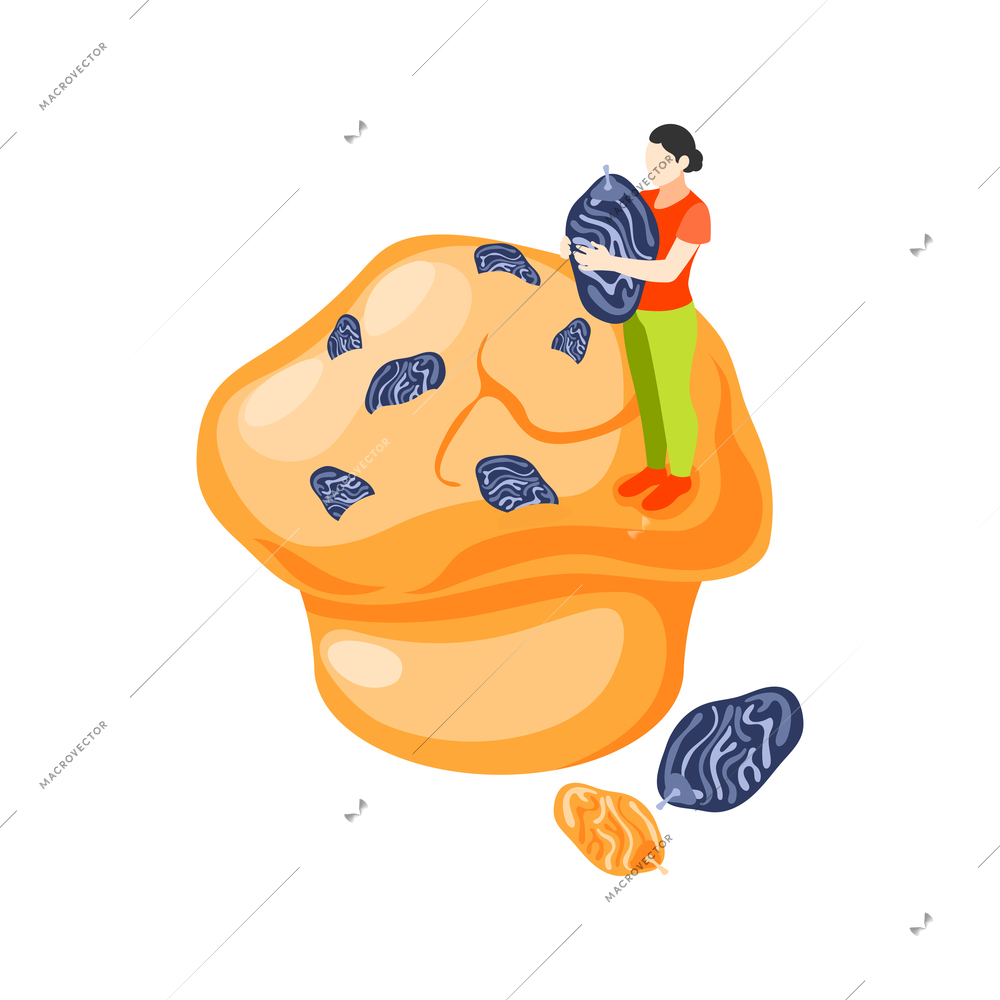 Bakery people isometric composition with small female character holding raisins on top of cupcake vector illustration