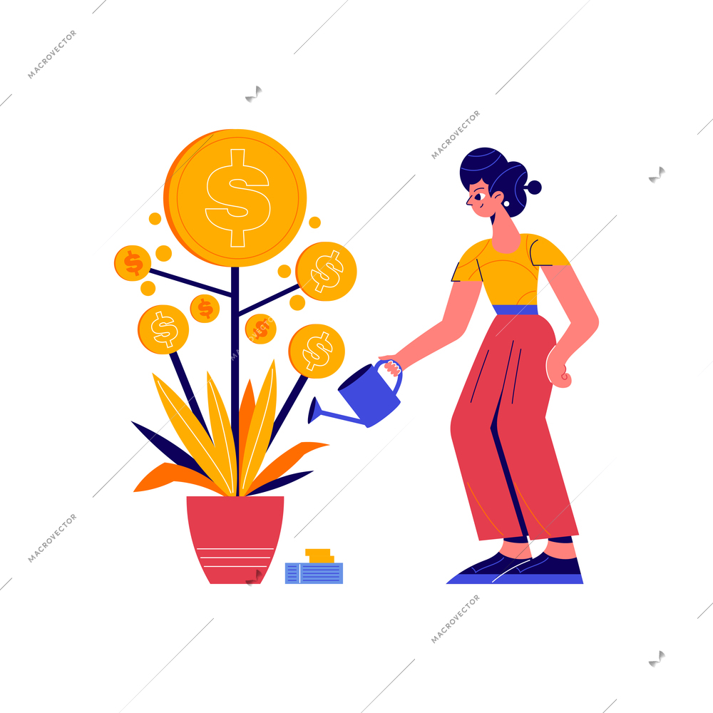 Crowdfunding composition with doodle character of woman watering money tree with coins vector illustration