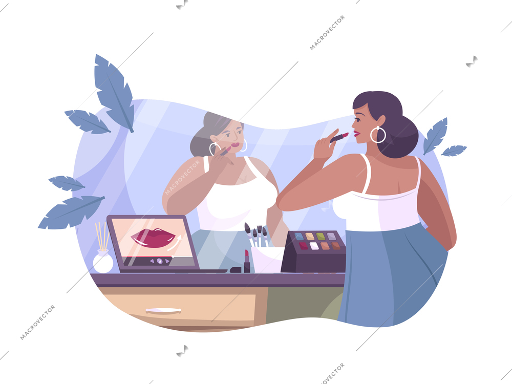 Hobby online flat composition with woman applying lipstick according to video guide on laptop vector illustration