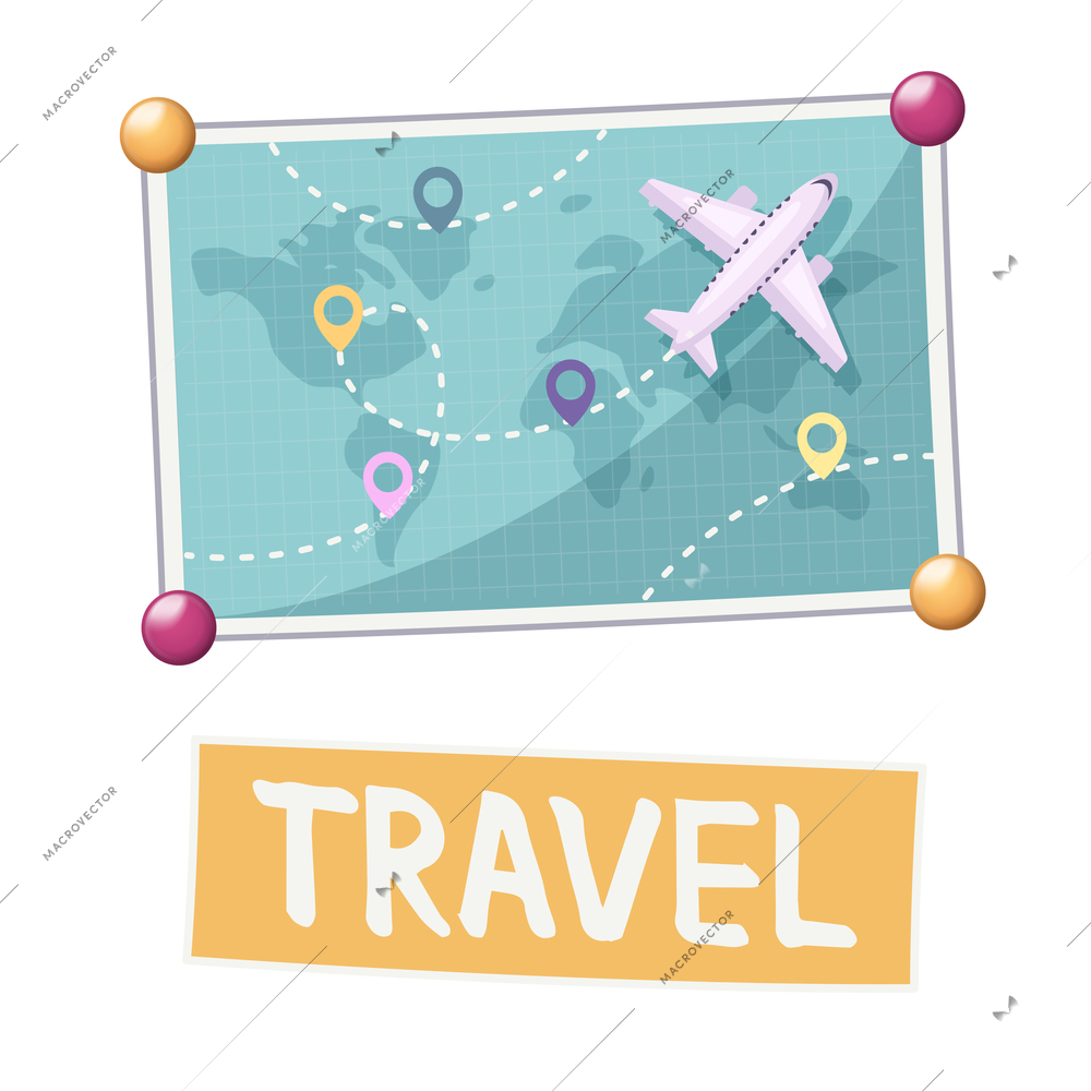 Vision board composition with world map with plane and location signs with text vector illustration