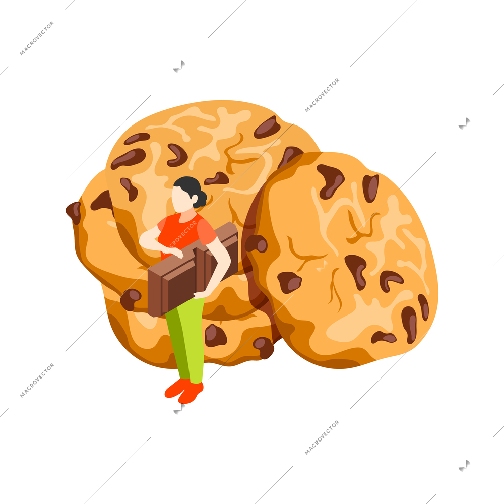 Bakery people isometric composition with small female character holding chocolate with cookies vector illustration