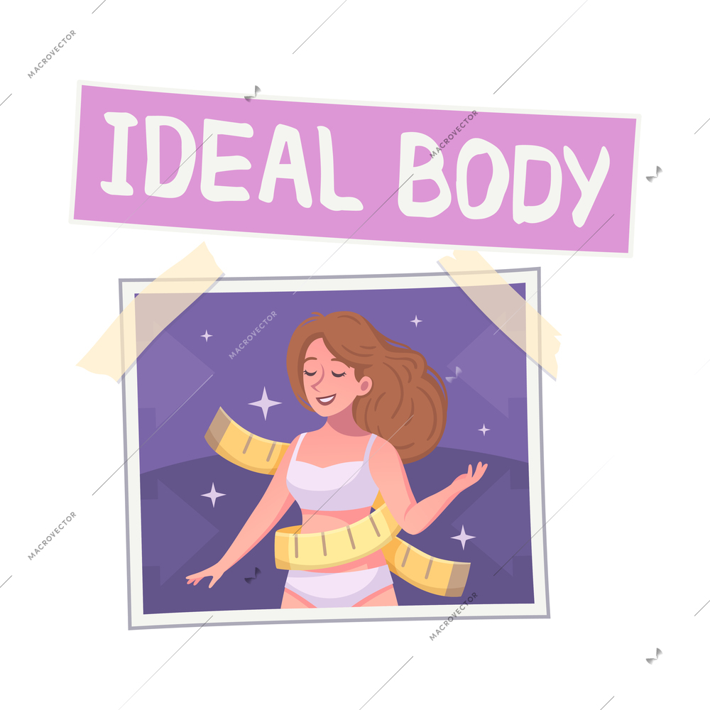 Vision board composition with photo of woman in measuring tape vector illustration