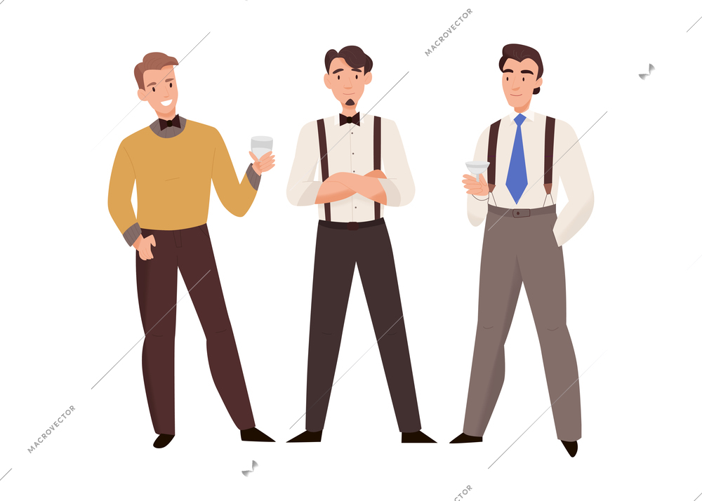 Marriage ceremony wedding day composition with male characters of friends of groom vector illustration