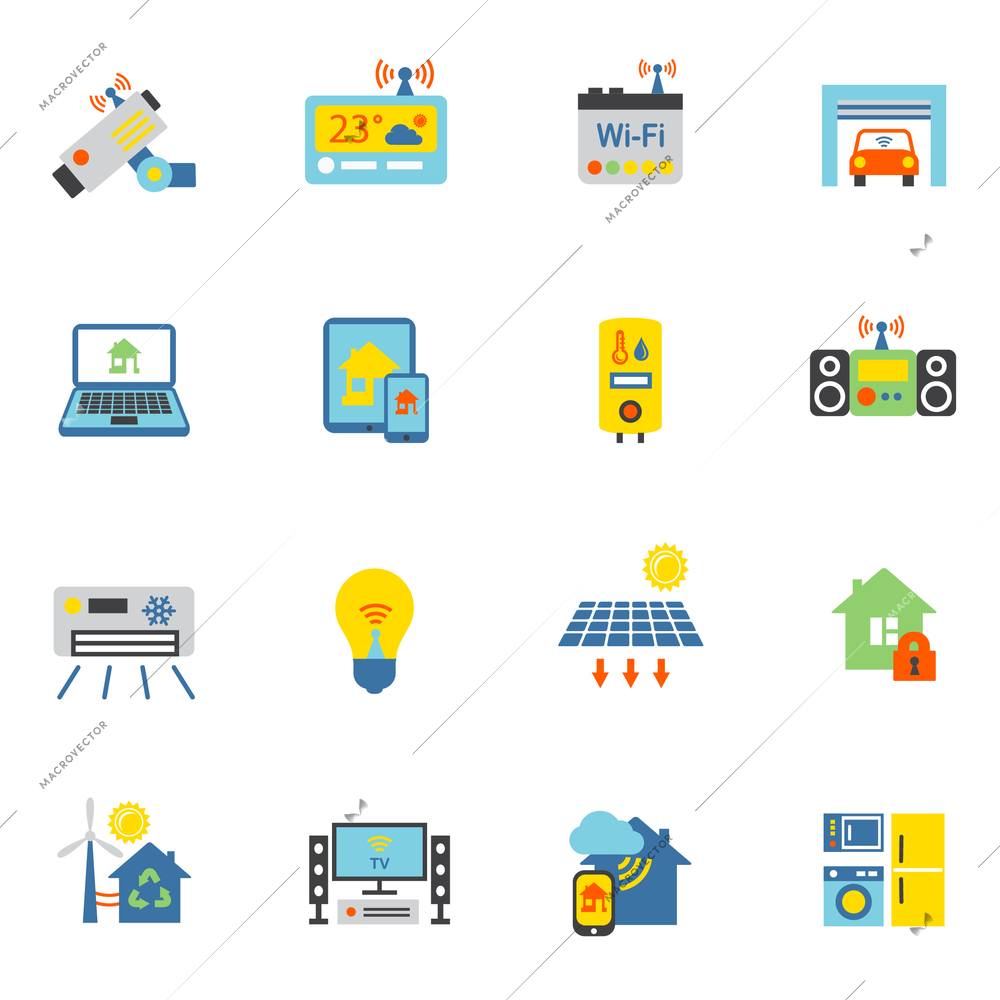 Smart home automation technology icons flat set isolated vector illustration