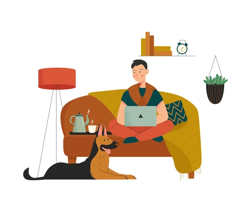 Cozy home composition with guy sitting on sofa with laptop and dog with interior elements vector illustration