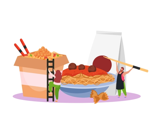 Wok box flat composition with small human characters and noodles in carton box on plate vector illustration