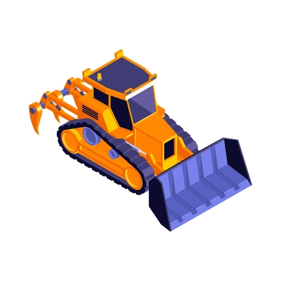 Isometric road construction roller composition with isolated image of orange bulldozer vector illustration