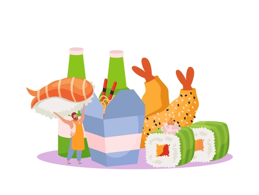 Wok box flat composition with sushi and wok with beer bottles and human character vector illustration