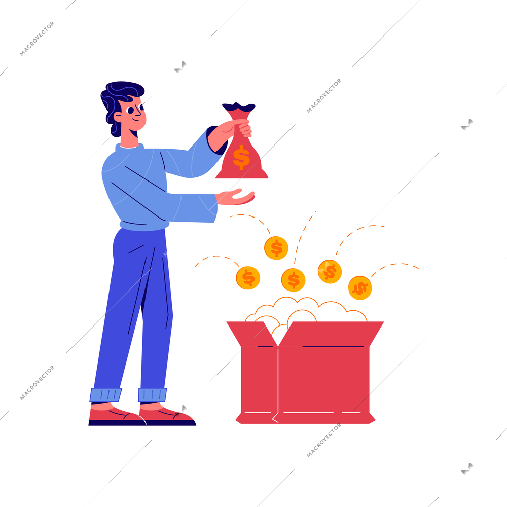 Crowdfunding composition with doodle character holding sack of money with open box vector illustration