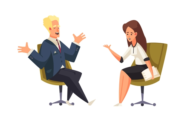 Political talk show composition with host and guest sitting in chairs having an interview vector illustration