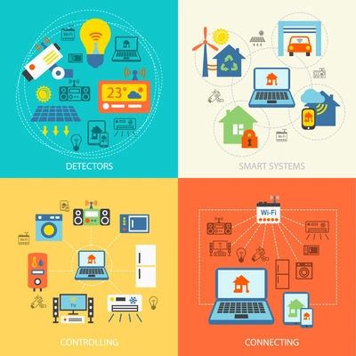 Smart home detectors controlling connecting systems icons flat set isolated vector illustration