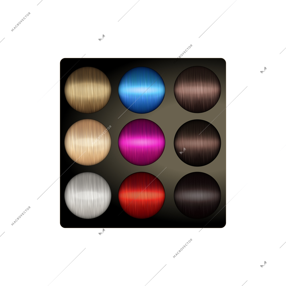 Hair coloring realistic set with isolated image of panel with colored hair examples on blank background vector illustration