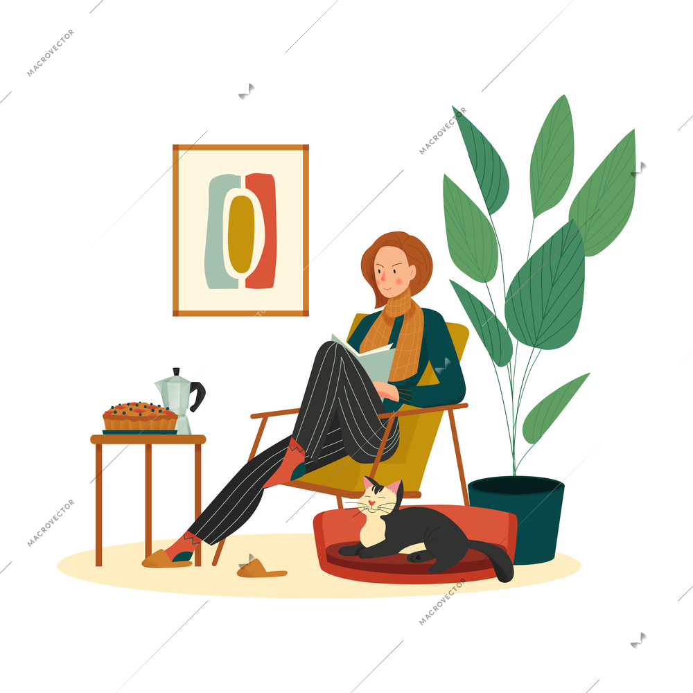 Cozy home composition with woman sitting in armchair reading book with cat and coffee with cakes vector illustration