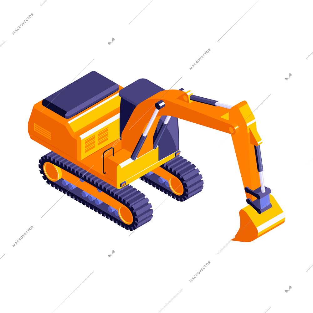 Isometric road construction roller composition with isolated image of excavator vector illustration