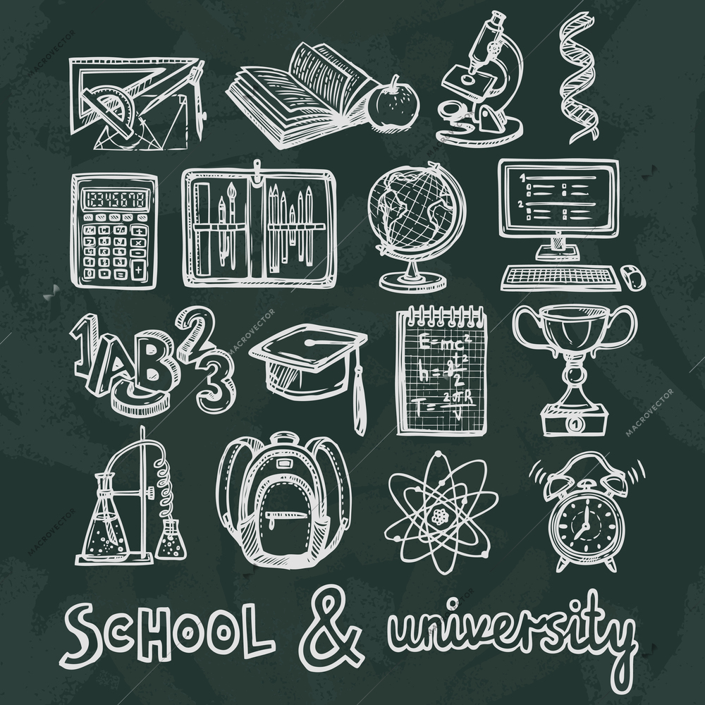 Retro school and university education chalkboard icons set of ruler microscope dna isolated vector illustration