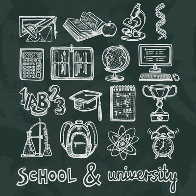 Retro school and university education chalkboard icons set of ruler microscope dna isolated vector illustration