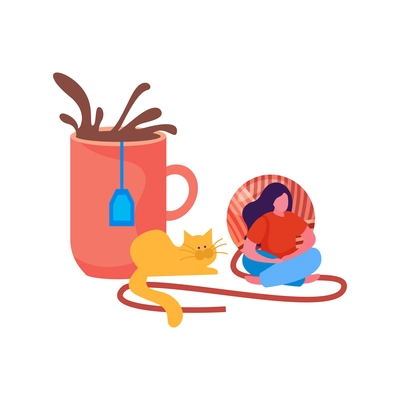 Knitting flat composition with female character with cat and images of clew and tea cup vector illustration
