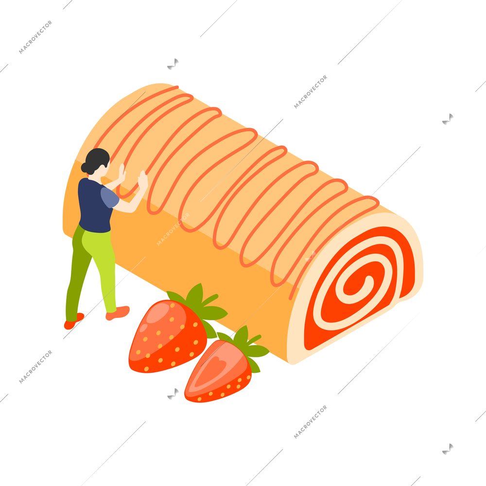 Bakery people isometric composition with small female character applying jam to strawberry biscuit vector illustration